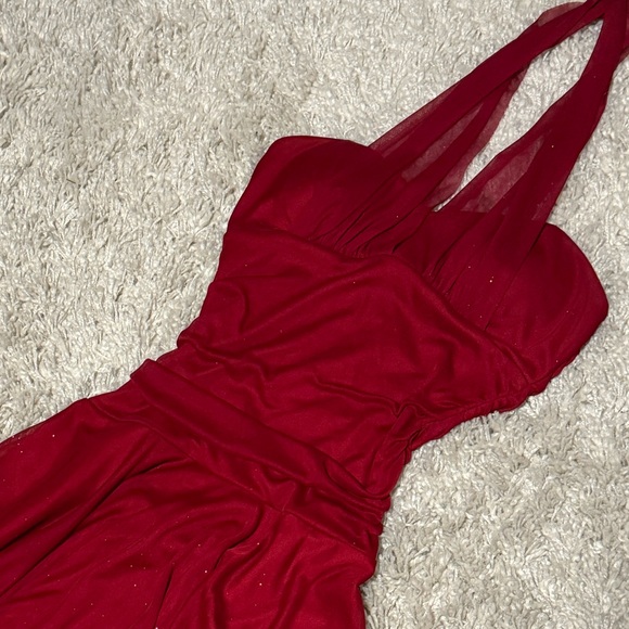 Y2K Holiday Red Asymmetrical Scarf Halter Dress Red Sparkles read caption - Picture 1 of 10